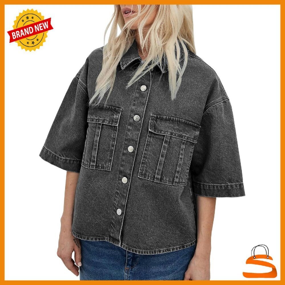 Oversized Denim Jacket Short Sleeve Cropped Shacket Women's